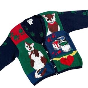 Vintage Alexandra Bartlett Cat Hand Knit Cardigan Rare 90s Novelty Kitschy 1X